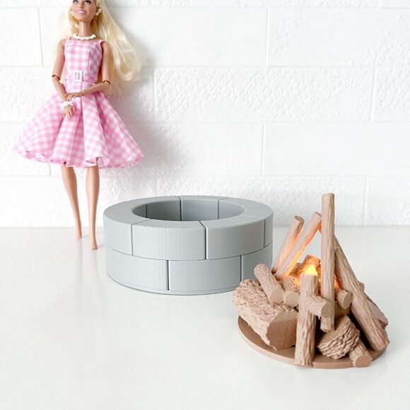 Gray Miniature Round Firepit W/Flickering Logs for Barbie 1:6 Scale Realistic - Picture 2 of 4